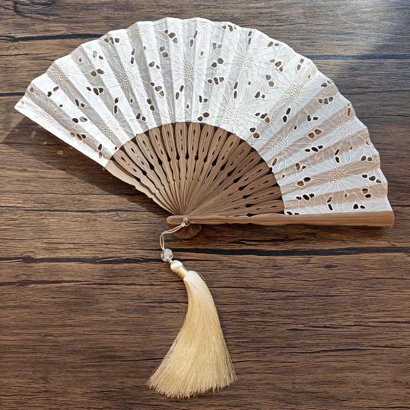 Buddhist Blessing Solid Color Hollow Flowers Embroidery Cotton Fabric Handheld Bamboo Folding Fan