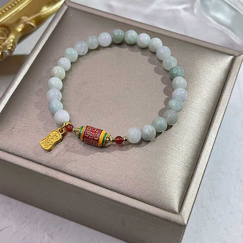 Buddhist Blessing Tibetan Natural Jade Fu Character Prayer Wheel Prosperity Abundance Bracelet