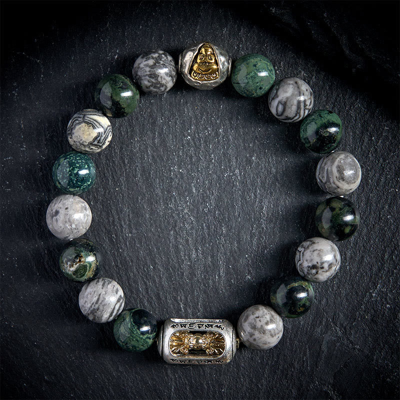 Buddhist Blessing Natural Grey Jasper Kambamba Jasper Om Mani Padme Hum Formless Buddha Healing Bracelet