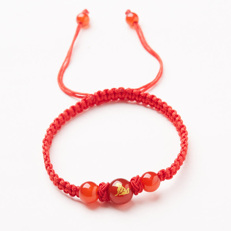 Buddhist Blessing Natural Red Agate Chinese Zodiac Red String Braided Protection Luck Bracelet