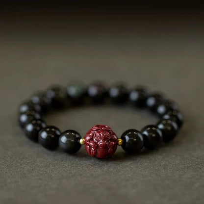 Buddhist Blessing Chinese Zodiac Natural Black Obsidian Cinnabar Purification Bracelet
