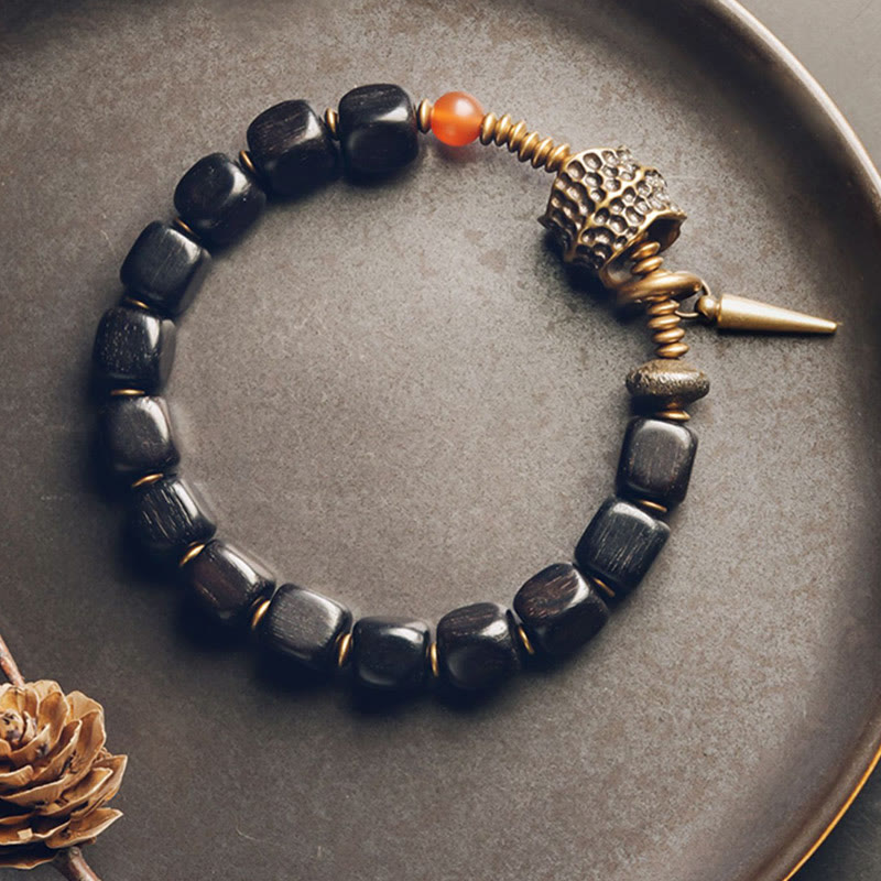 Buddhist Blessing Ebony Wood Copper Brass Red Agate Peace Bracelet