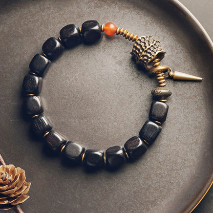 Buddhist Blessing Ebony Wood Copper Brass Red Agate Peace Bracelet
