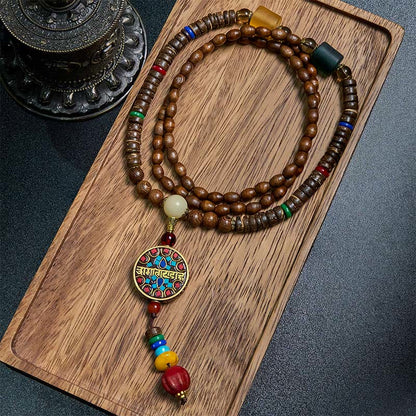 Buddhist Blessing Tibetan Handmade Coconut Shell Schima Wood Great Bright Mantra Copper Bead Balance Necklace Pendant