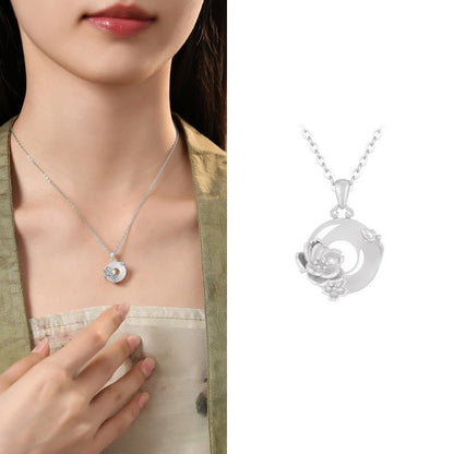 Buddhist Blessing Chalcedony 925 Sterling Silver Peace Buckle Flowers Necklace Pendant
