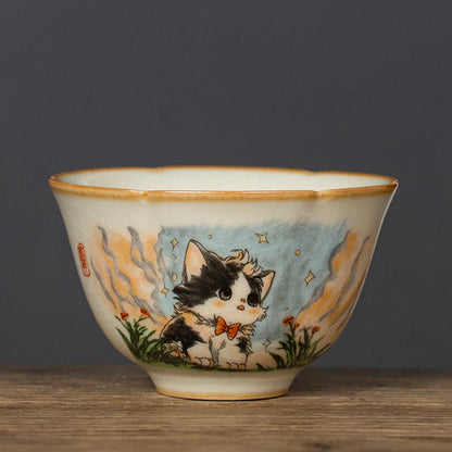 Buddhist Blessing Cute Bow Tie Cat Teacup Kung Fu Tea Cup