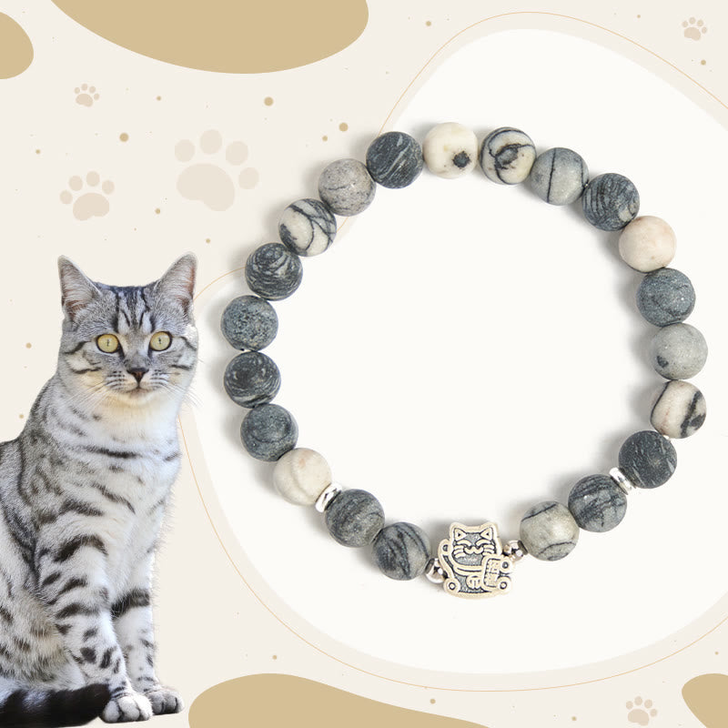 Buddhist Blessing 925 Sterling Silver Grey Tabby Cat Natural Black Veined Jasper Stability Bracelet