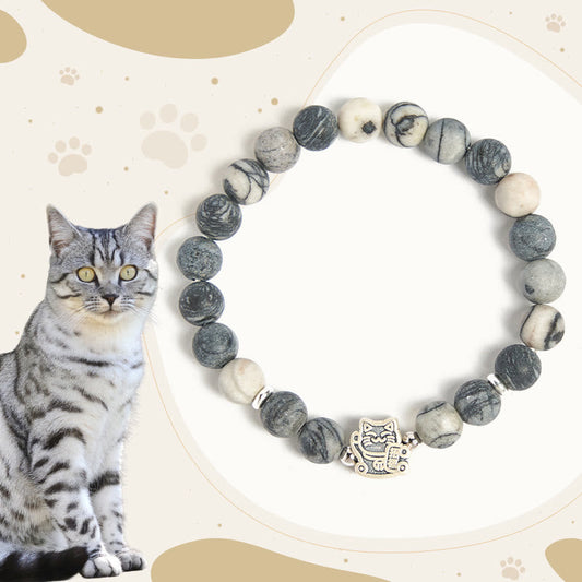 Buddhist Blessing 925 Sterling Silver Grey Tabby Cat Natural Black Veined Jasper Stability Bracelet