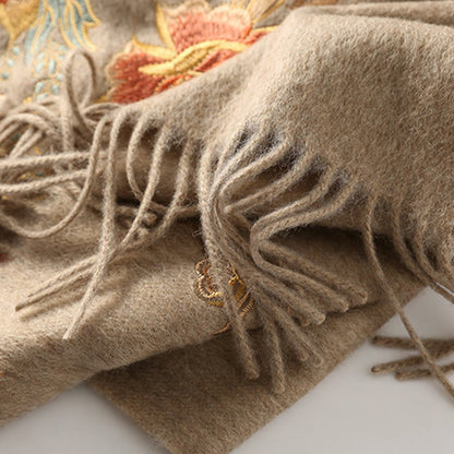 Buddhist Blessing Wool Shawl Red Pink Flower Embroidery Tassel Winter Cozy Travel Scarf Wrap