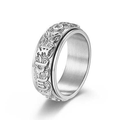 Buddhist Blessing Six True Words Balance Calm Titanium Steel Ring (Extra 30% Off | USE CODE: FS30)