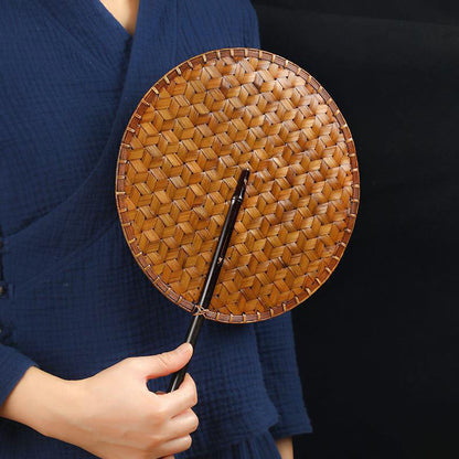Buddhist Blessing Chinese Style Handmade Bamboo Woven Round Oval Banana Shape Long Handle Fan