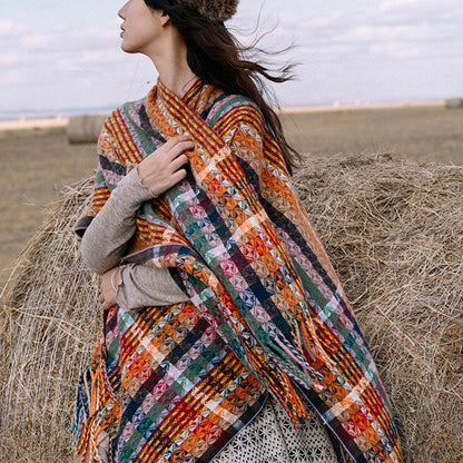 Buddhist Blessing Tibetan Colorful Stripe Geometry Tassels Shawl Fall Winter Soft Scarf Wrap