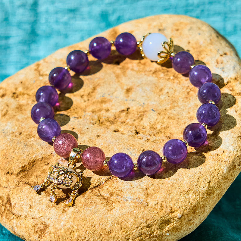 Buddhist Blessing Natural Amethyst Strawberry Quartz Peace Lock Charm Positive Bracelet