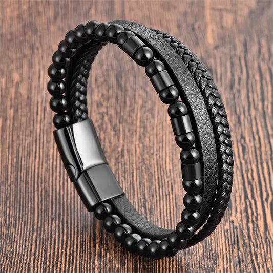 Buddhist Blessing Frosted Stone Multi-layer Leather Titanium Steel Balance Buckle Bracelet