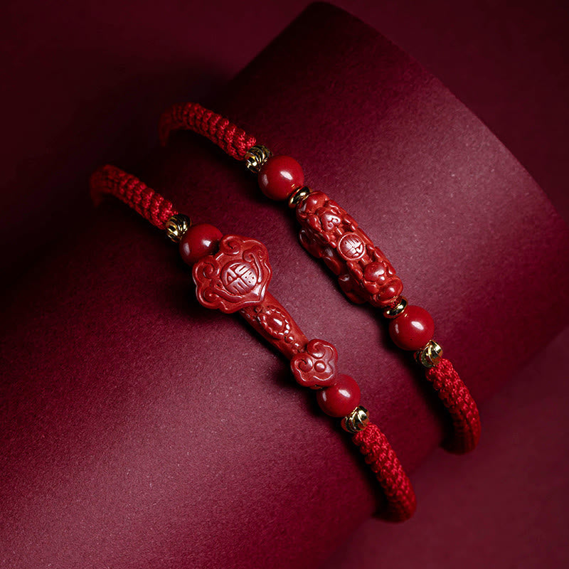 Buddhist Blessing Handmade Cinnabar Ruyi Handle Fu Character PiXiu Blessing Red String Braided Bracelet