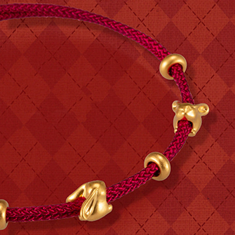 Buddhist Blessing 999 Gold Small Lucky Rabbit Osmanthus Design Handmade Luck Braided Rope Bracelet