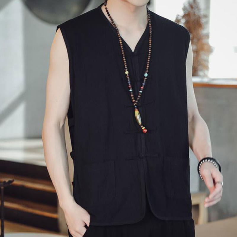 Buddhist Blessing Casual Chinese Frog-Button Men's Cotton Vest Waistcoat With Pockets