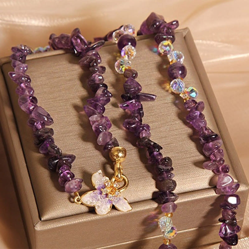 Buddhist Blessing Butterfly Flower Amethyst Strawberry Quartz Balance Necklace Pendant