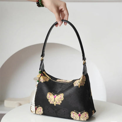 Buddhist Blessing Lotus Bamboo Crane Deer Butterfly Mountain Xiangyunsha Silk Song Brocade Crossbody Bag Shoulder Bag