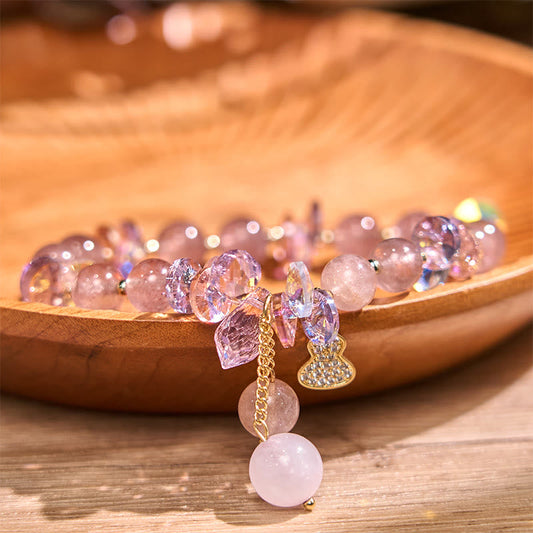 Buddhist Blessing Strawberry Quartz Crystal Gourd Positive Bracelet