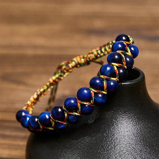 Buddhist Blessing Natural Blue Tiger Eye Hand-woven Colored Rope Double Row Beads Balance Bracelet