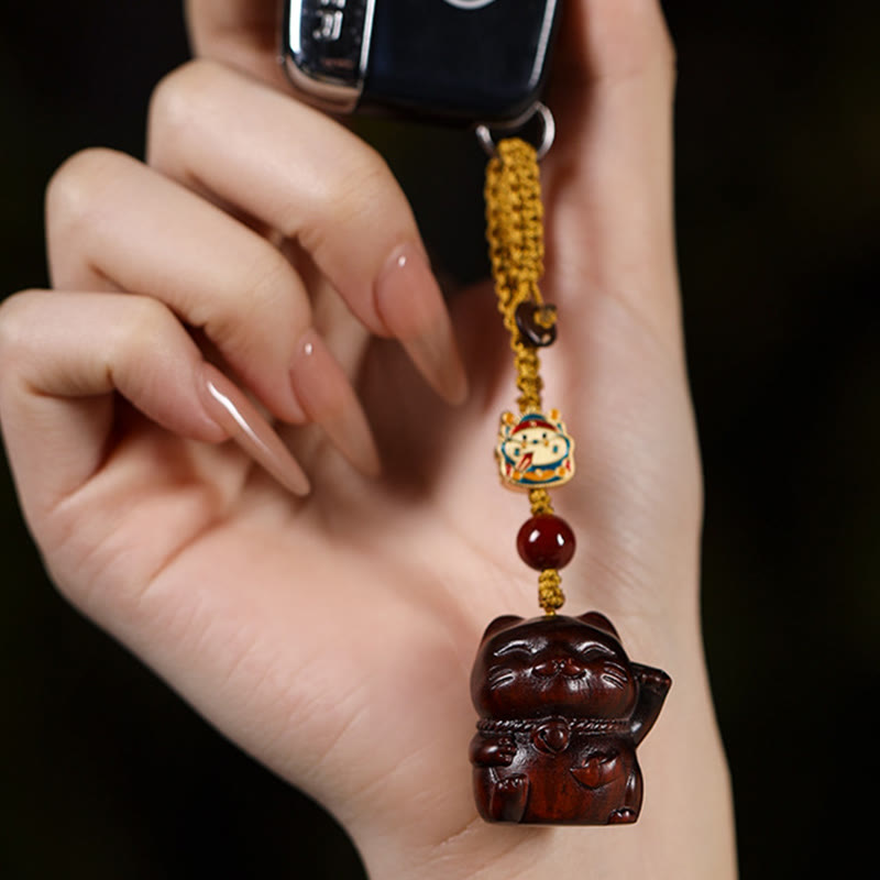 Buddhist Blessing Small Leaf Red Sandalwood Green Sandalwood Sandalwood Lucky Cat Protection Key Chain Phone Hanging Decoration