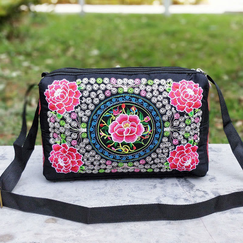 Buddhist Blessing Galsang Inula Flower Peony Peacock Double-Sided Embroidery Canvas Shopping Purse Handbag Crossbody Bag