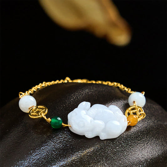Buddhist Blessing Natural Jade PiXiu Carved Copper Coin Luck Chain Bracelet