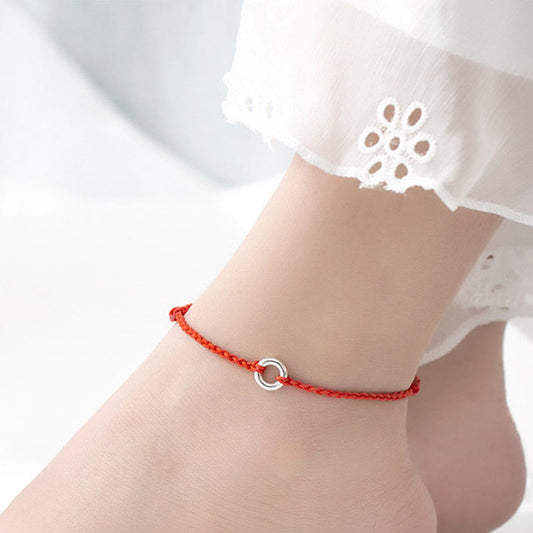 Buddhist Blessing 925 Sterling Silver Peace Buckle Luck String Braid Rope Anklet