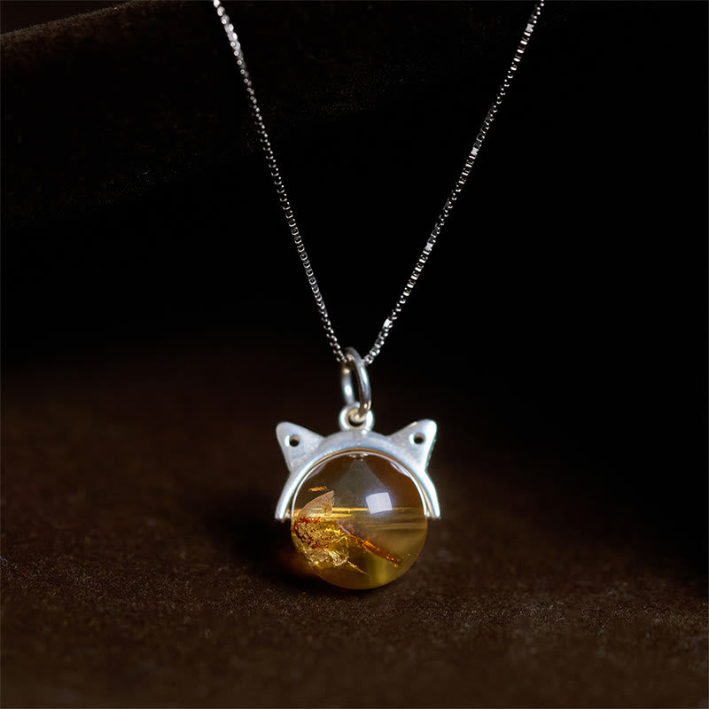 Buddhist Blessing 925 Sterling Silver Natural Citrine Cat Prosperity Necklace Pendant