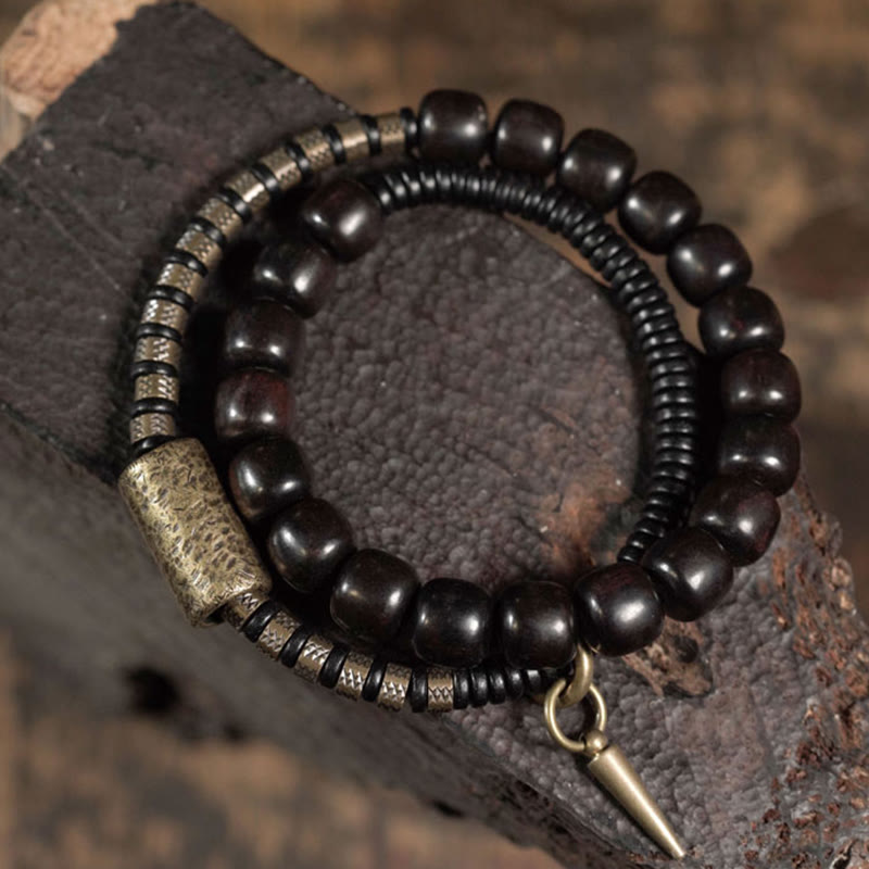 Buddhist Blessing Ebony Wood Copper Brass Vintage Bead Cone Double Wrap Balance Bracelet