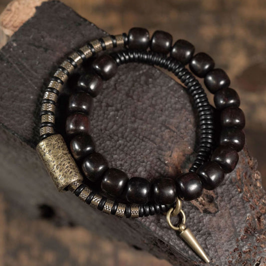 Buddhist Blessing Ebony Wood Copper Brass Vintage Bead Cone Double Wrap Balance Bracelet
