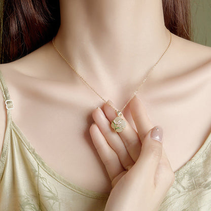 Buddhist Blessing 925 Sterling Silver Magnolia Butterfly Hetian Jade Four Leaf Clover Blessing Earrings Necklace Pendant