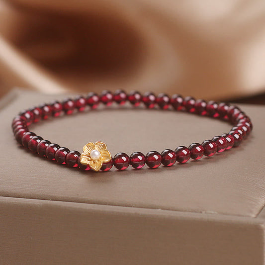 Buddhist Blessing Natural 4mm Garnet Beads Flower Passion Bracelet