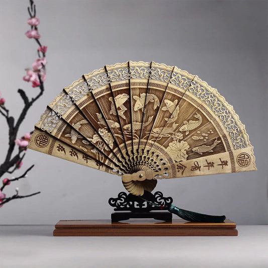 Buddhist Blessing Koi Fish Peony Bird Flower Engraved Hollow Handheld Phoebe Zhennan Wood Folding Fan 22cm