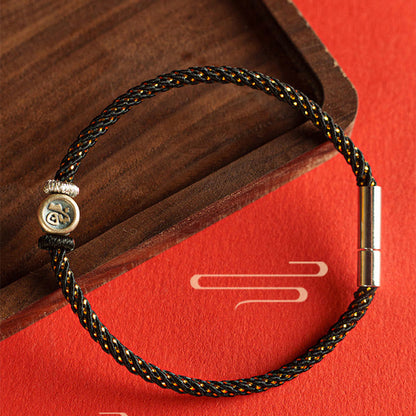 Buddhist Blessing Braided String 925 Sterling Silver Fu Character Faith Bracelet