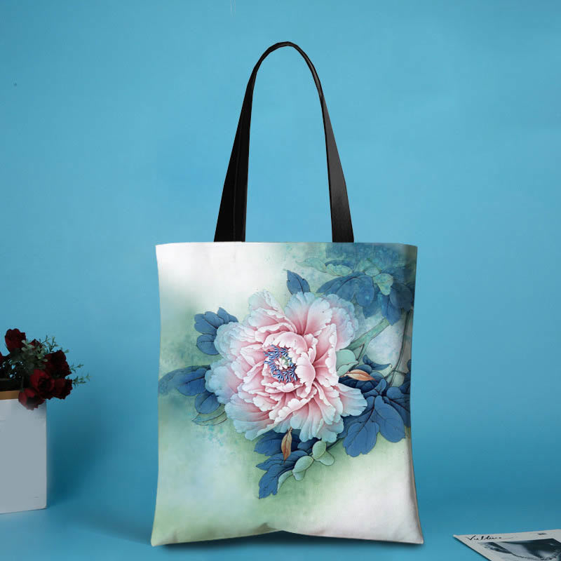 Buddhist Blessing Large Capacity Handmade Canvas Ink Lotus Dragonfly Shoulder Bag Shopping Bag