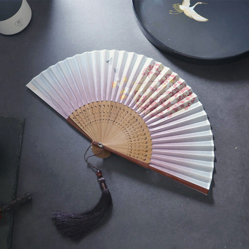 Buddhist Blessing Gardenia Cherry Blossom Moon Handheld Polyester Bamboo Folding Fan 21cm