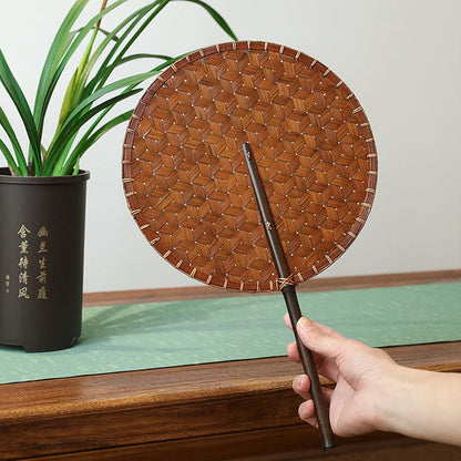 Buddhist Blessing Vintage Chinese Style Handmade Round Octagonal Shaped Bamboo Long Handle Fan