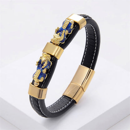 Buddhist Blessing Double PiXiu Wealth Luck Leather Magnetic Buckle Bracelet