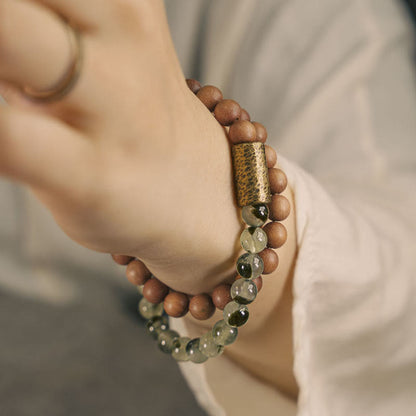 Buddhist Blessing Green Rutilated Quartz Natural Sandalwood Purification Bracelet