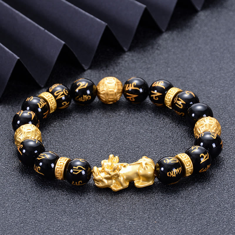 Buddhist Blessing Black Obsidian Black Onyx Alloy PiXiu Om Mani Padme Hum Strength Bracelet