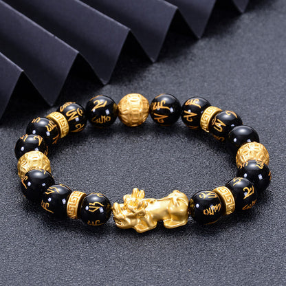 Buddhist Blessing Black Obsidian Black Onyx Alloy PiXiu Om Mani Padme Hum Strength Bracelet