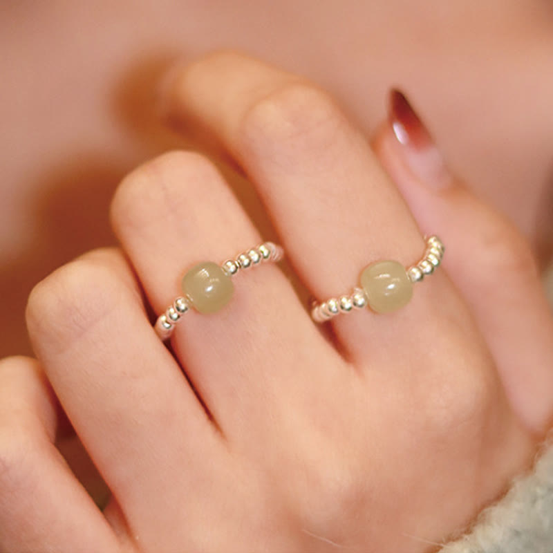 Buddhist Blessing 925 Sterling Silver Natural Small Hetian Jade Red Agate Pearl Bead Prosperity Elastic Ring