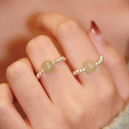 Buddhist Blessing 925 Sterling Silver Natural Small Hetian Jade Red Agate Pearl Bead Prosperity Elastic Ring