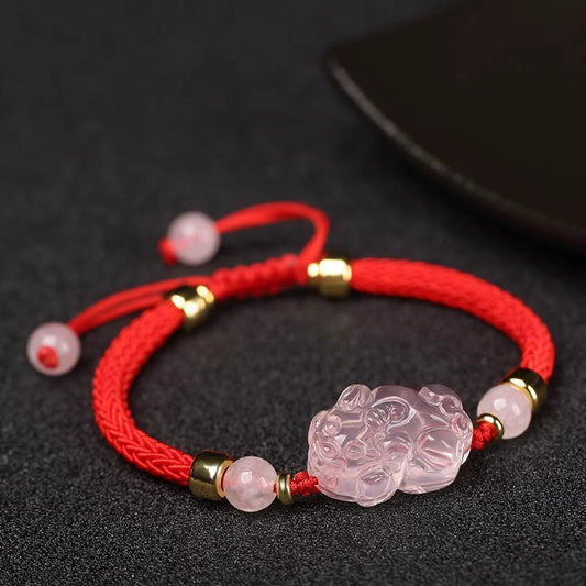 Buddhist Blessing PiXiu Pink Crystal Wealth String Braided Bracelet