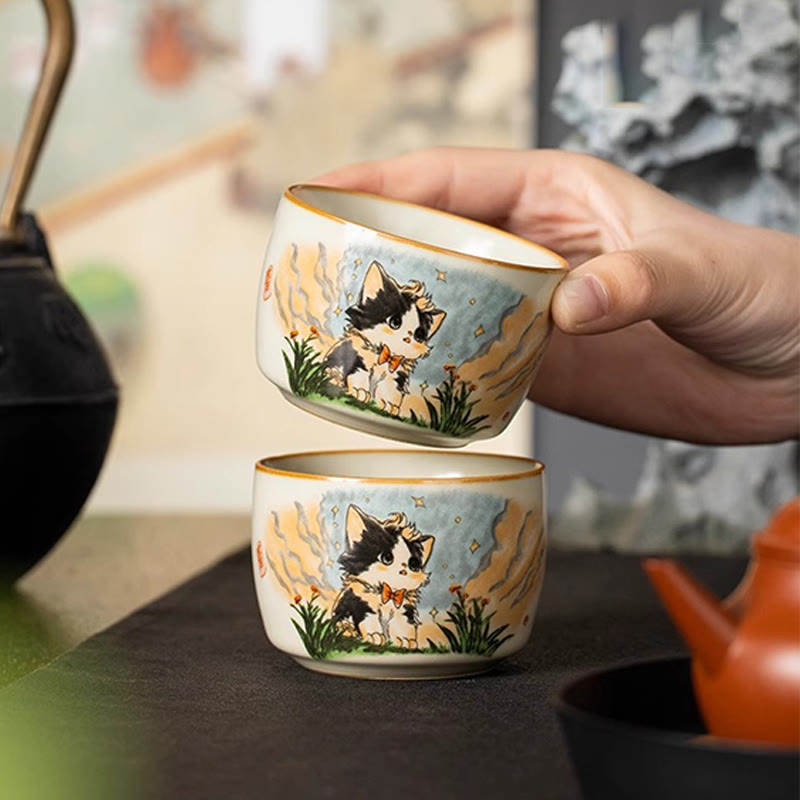 Buddhist Blessing Cute Bow Tie Cat Teacup Kung Fu Tea Cup