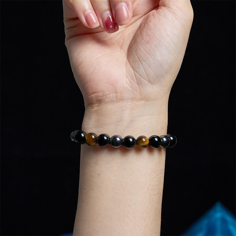 Buddhist Blessing Natural Tiger's Eye Obsidian Hematite Positive Powerful Bracelet