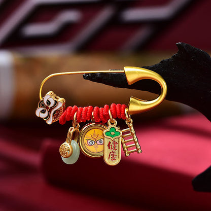 Buddhist Blessing Tibetan Dancing Lion Jade Peace Buckle Fu Character Safe And Well Copper Luck Brooch