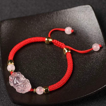 Buddhist Blessing PiXiu Pink Crystal Wealth String Braided Bracelet